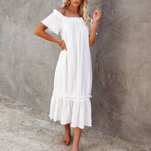 White Off Shoulder Midi Dress